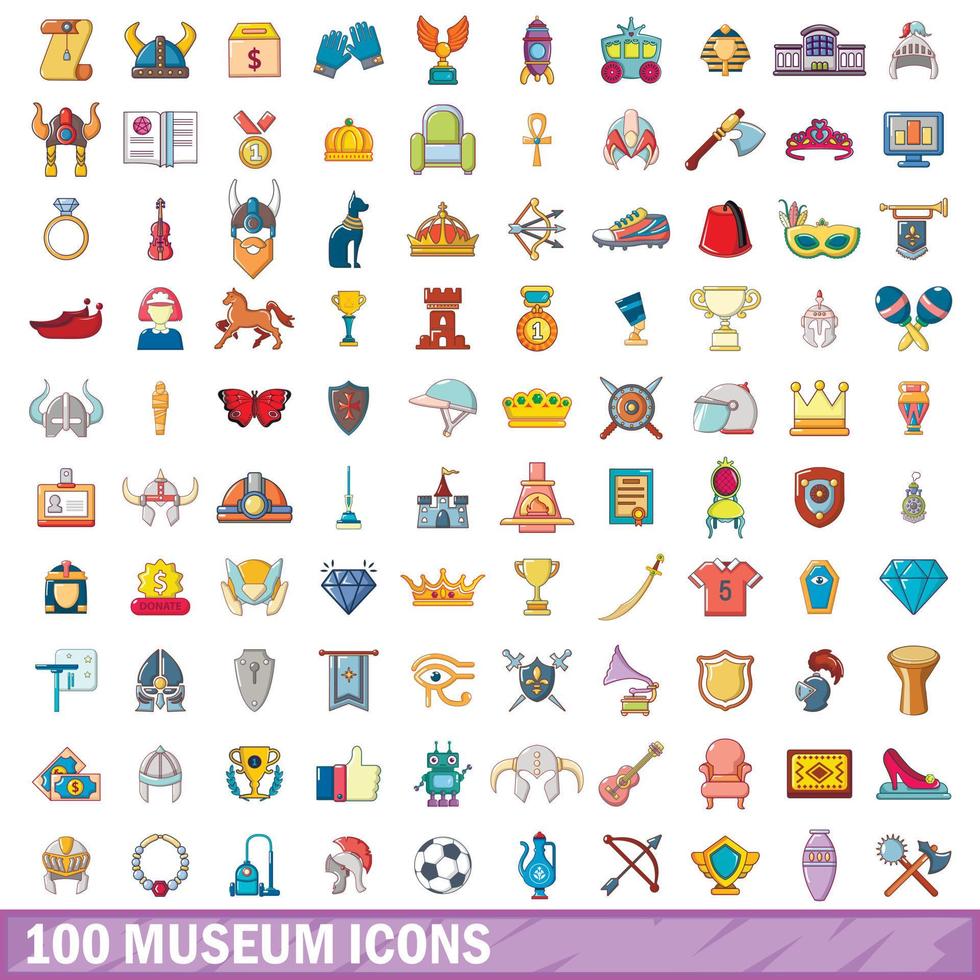 100 museum ikoner set, tecknad stil vektor