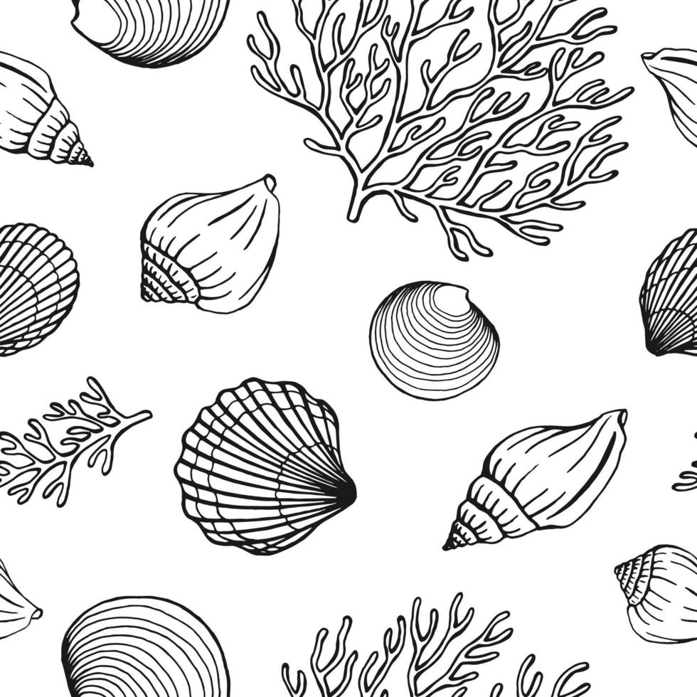 sömlösa mönster med snäckskal, koraller. marin bakgrund. vektor illustration i skiss stil.