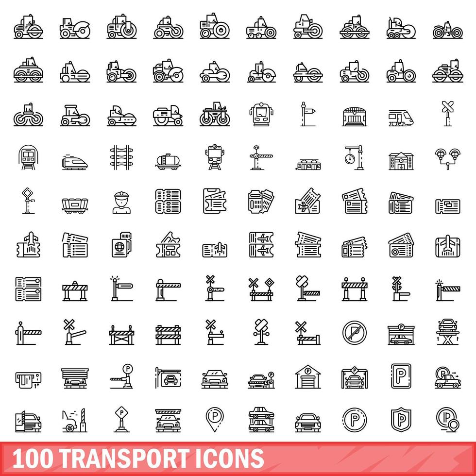 100 Transportsymbole gesetzt, Umrissstil vektor