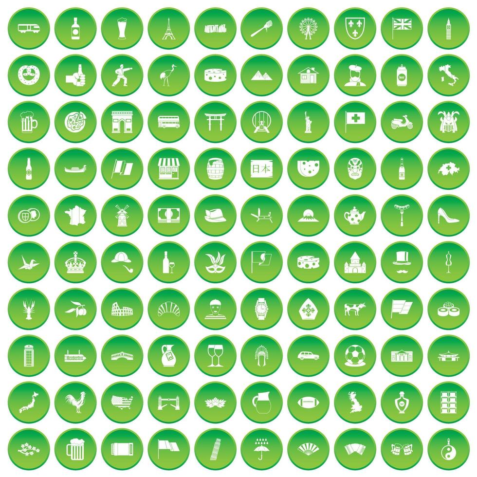100 Symbole für Touristenattraktionen setzen grünen Kreis vektor