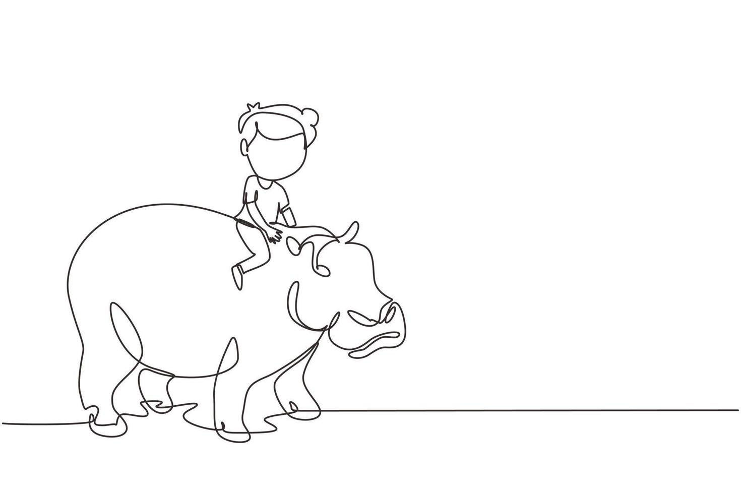enda kontinuerlig linje ritning glad liten pojke rider flodhäst. barn sitter på baksidan flodhäst i zoo. barn som lär sig rida flodhäst. dynamisk en rad rita grafisk design vektorillustration vektor