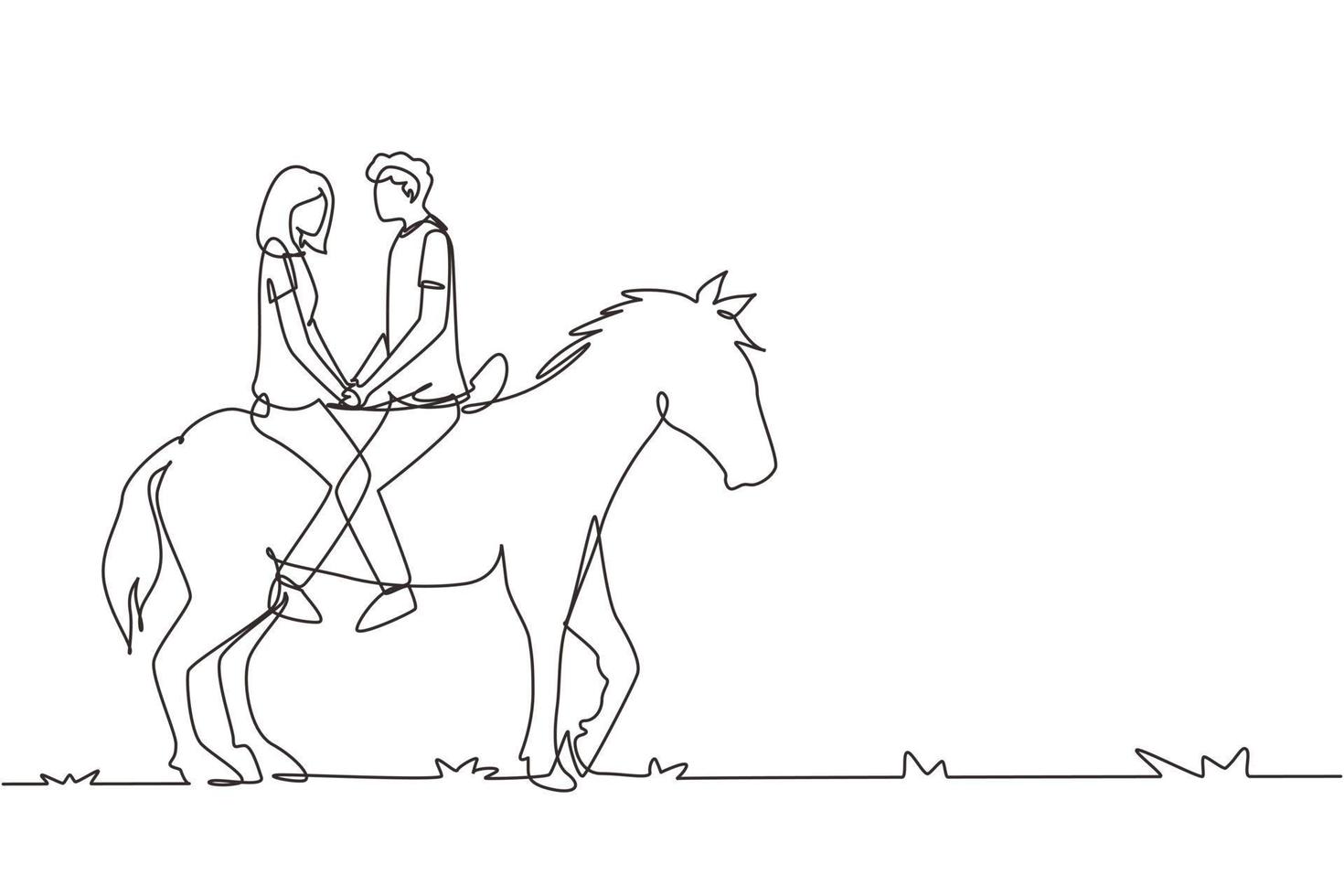 kontinuerlig en rad ritning par ridande hästar ansikte mot ansikte vid solnedgången. glad man gör förslag äktenskap med kvinna. engagemang och kärleksrelation. enda rad rita design vektorgrafisk illustration vektor