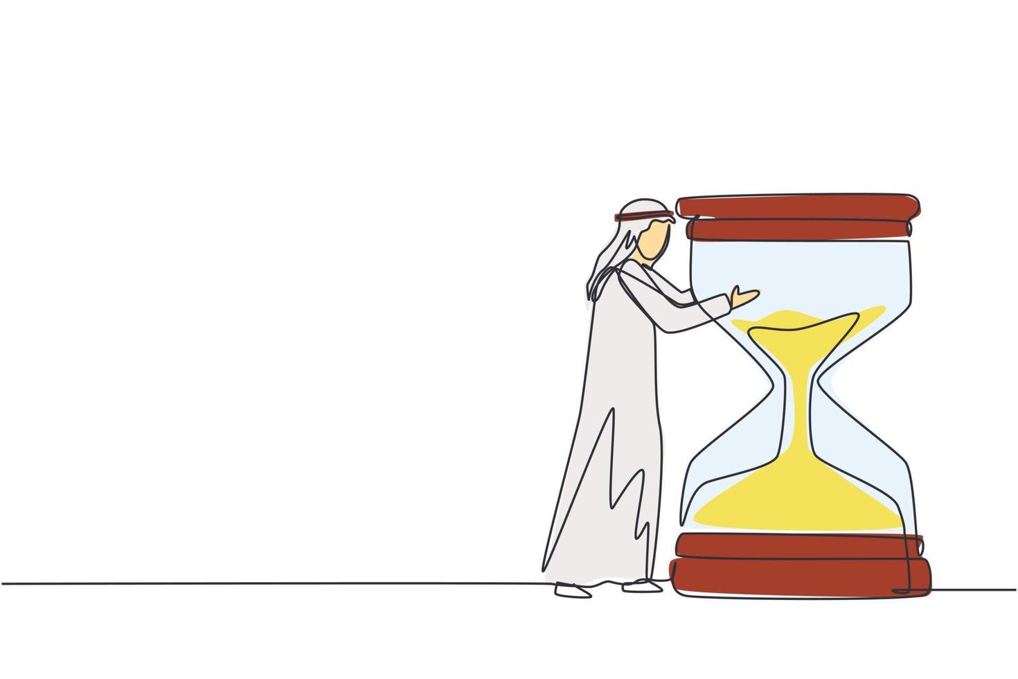 enda kontinuerlig linjeteckning självsäker ung arabisk affärsman kramar på enorma timglas. tidshantering eller framgångsrikt uppgiftsorganiseringskoncept. en rad rita grafisk design vektorillustration vektor