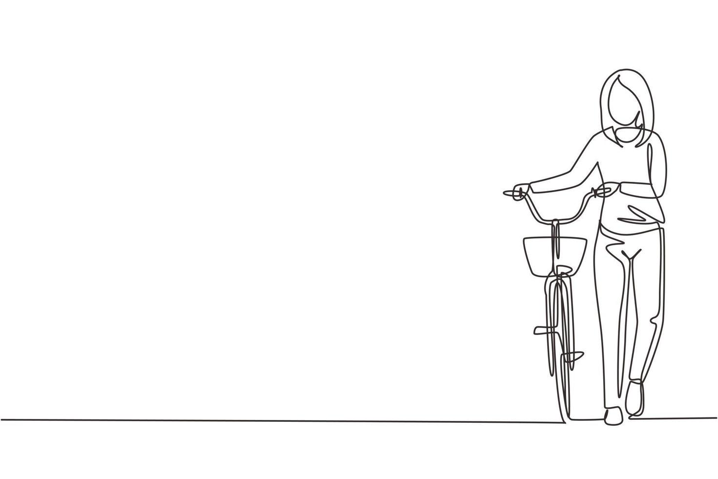 enda en rad teckning gå ung kvinna med cyklar. glad kvinna ta promenad med cykel på stadsvägen. hälsosam livsstil för stadsbefolkningen. kontinuerlig linje rita design grafisk vektorillustration vektor
