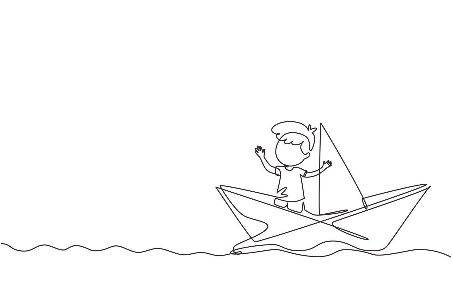 fortlaufende einzeilige zeichnung niedlicher lächelnder kleiner junge, der auf papierboot segelt. glückliches lächelndes kind, das spaß hat und seemann in der imaginären welt spielt. einzeiliges zeichnen design vektorgrafik illustration vektor