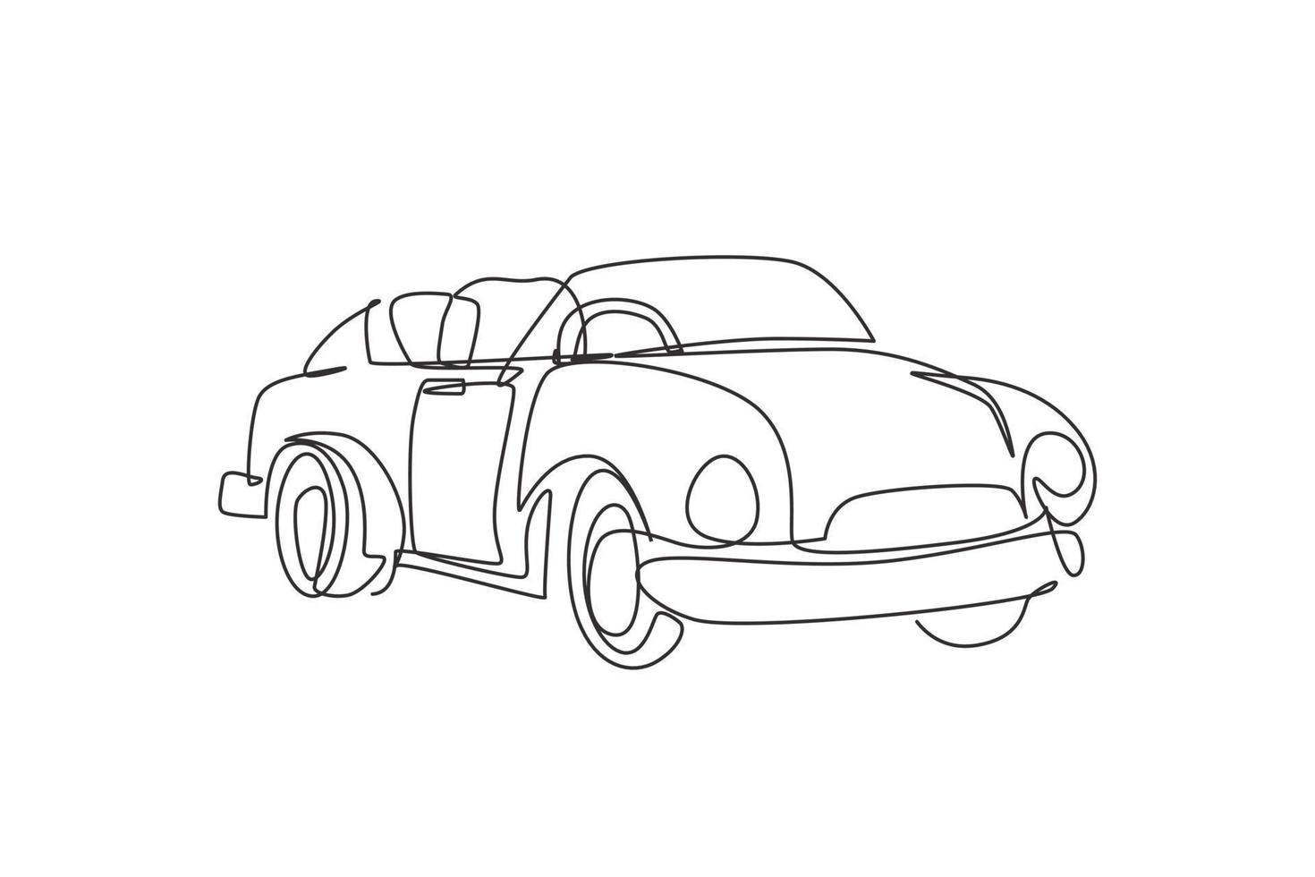 enda kontinuerlig linjeteckning klassisk retro cabriolet sportbil. samlare företag bekväm cabrio bil superbil. vintage motorfordon. en rad rita grafisk design vektorillustration vektor