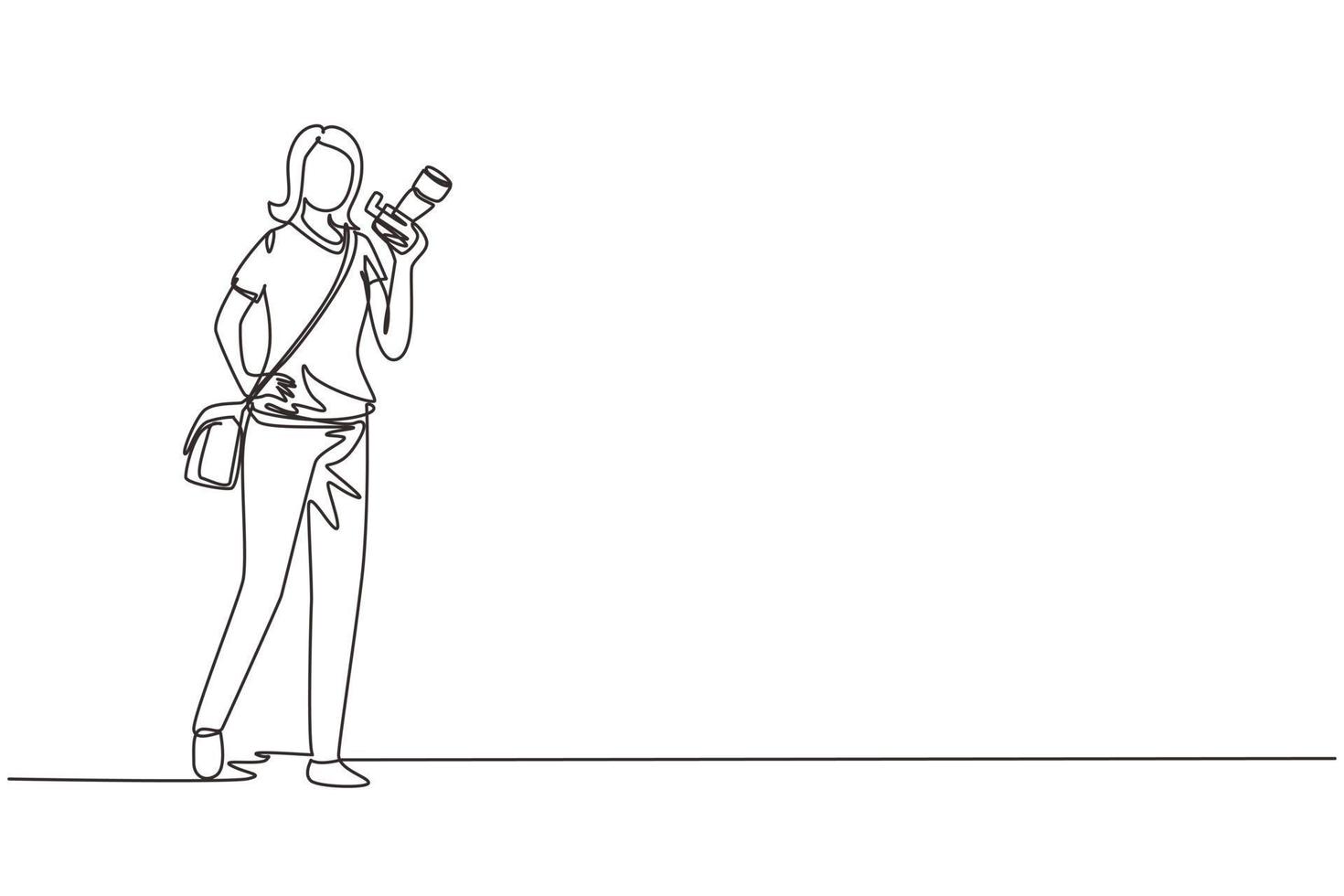 Single One Line Drawing Woman Paparazzi oder Journalistin Beruf, stehend mit Digitalkamera und Umhängetasche. professioneller fotograf, der bilder macht. ununterbrochene Linie zeichnen Design-Vektor-Illustration vektor