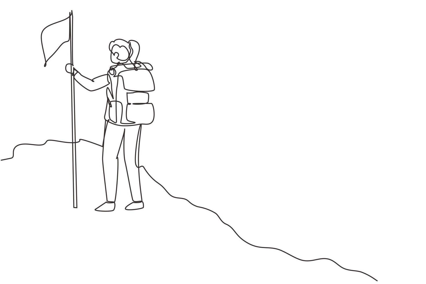 durchgehende einzeilige zeichnung junges mädchen mit rucksack auf dem berggipfel, kletterin erreichte den gipfel, sommerferien abenteuer. einzeiliges zeichnen design vektorgrafik illustration vektor