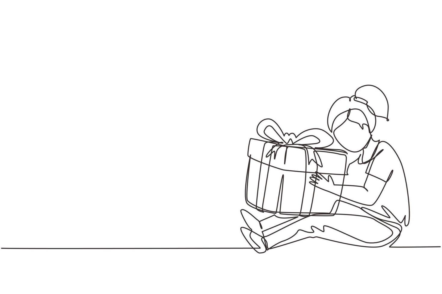 Kontinuierliche einzeilige Zeichnung fröhliches Mädchen, das sitzt und eine große Geschenkbox mit Schleife umarmt, die vor ihr in die Arme gewickelt ist. kleines Kind nimmt Geburtstagsgeschenk an. einzeiliges zeichnen design vektorillustration vektor