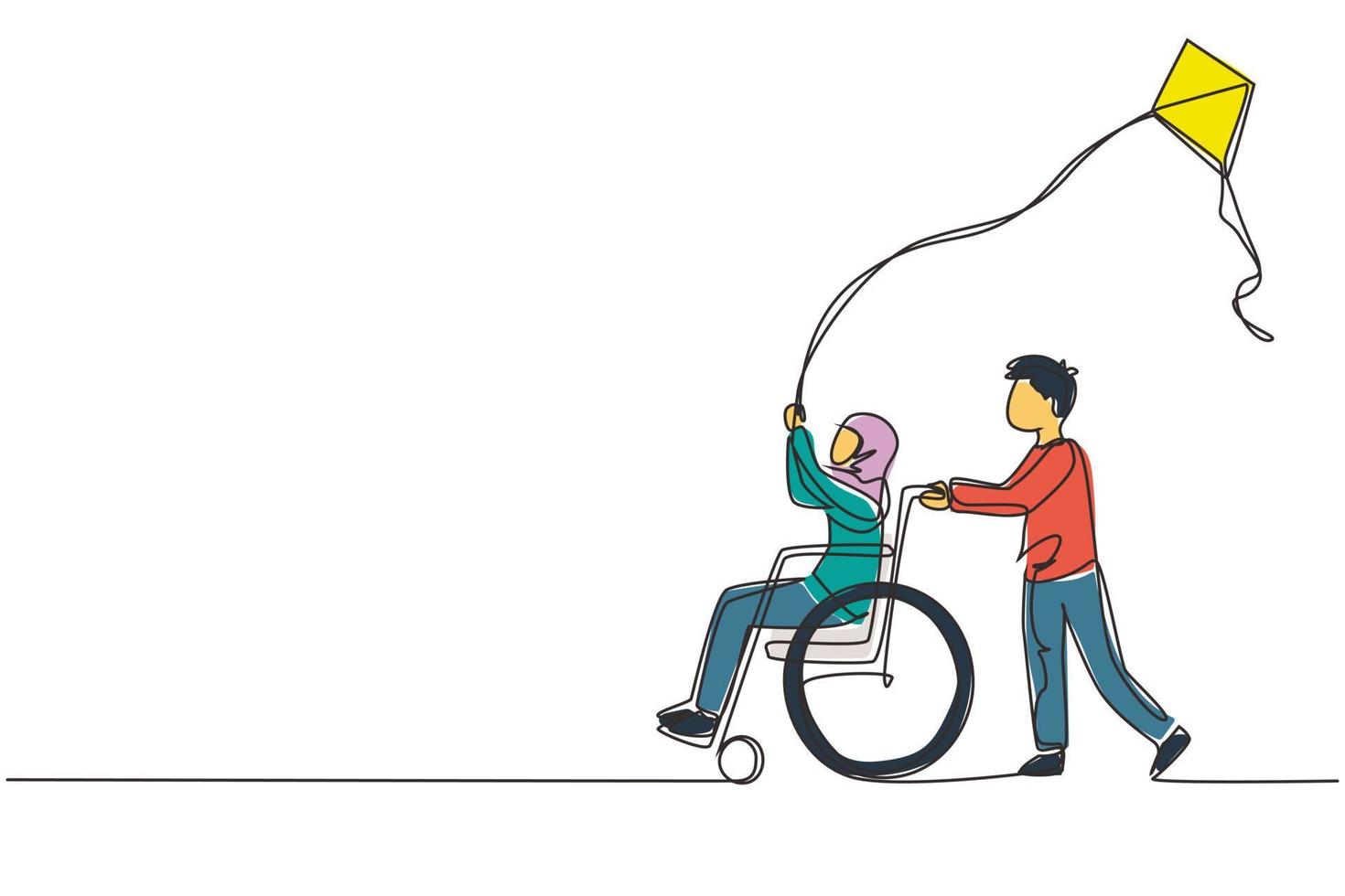 enda kontinuerlig linje ritning glada barn funktionshindrade koncept. handritad arabisk pojke driver liten flicka i rullstol med flygande drake. funktionshindrade har roligt ute. en rad rita design vektorillustration vektor