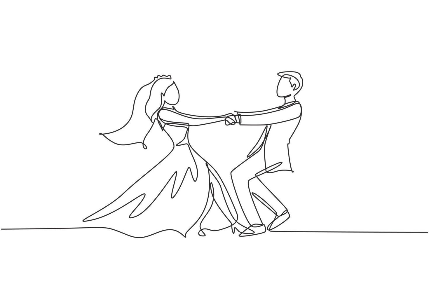 Eine einzige Linie, die einen glücklichen, süßen, verheirateten Mann und eine Frau zeichnet, die im Partypark auf dem Boden tanzen. romantisches junges hochzeitspaar, das hände hält und sich dreht. Design-Grafikvektor mit kontinuierlicher Linie vektor
