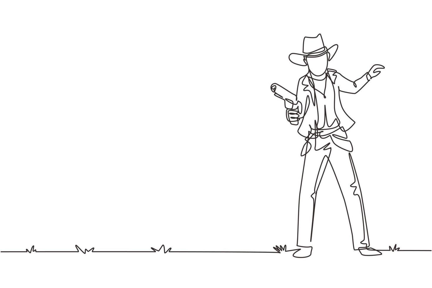 enda en rad ritning smart cowboy som håller sin pistol och riktar vapnen. vilda västern gunslinger stil hålla pistol. vapen för självförsvar. kontinuerlig linje rita design grafisk vektorillustration vektor