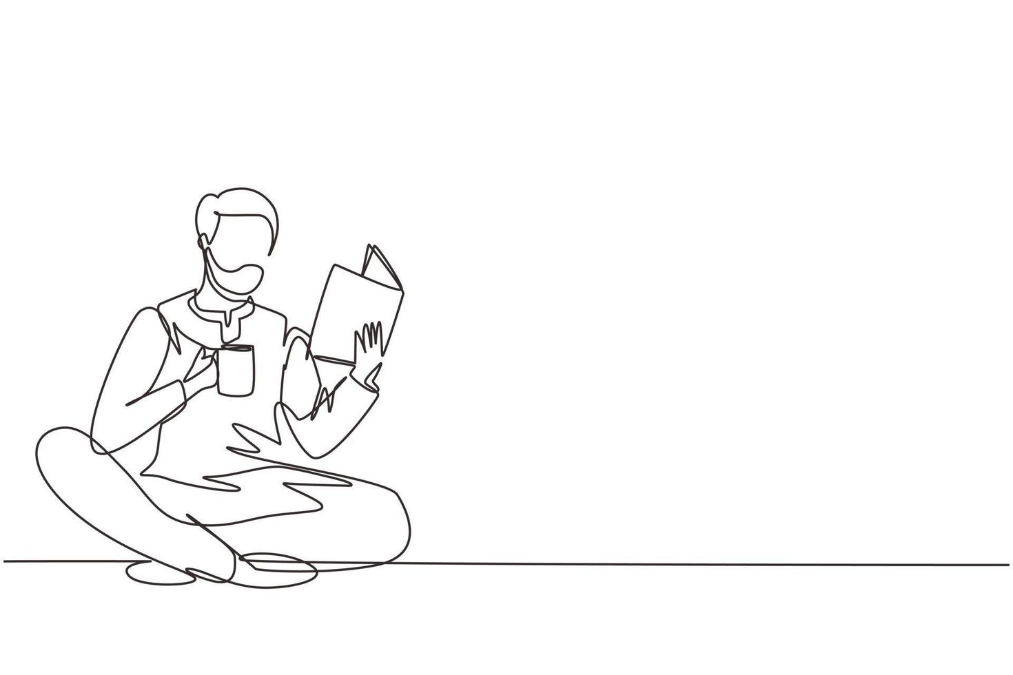 einzelne einzeilige zeichnung eines intelligenten arabischen studenten, der sich auf die prüfung vorbereitet. mann studiert, liest lehrbücher, trinkt tasse kaffee. leser sitzt auf dem boden und lernt. ununterbrochene Linie zeichnen Design-Vektor-Illustration vektor