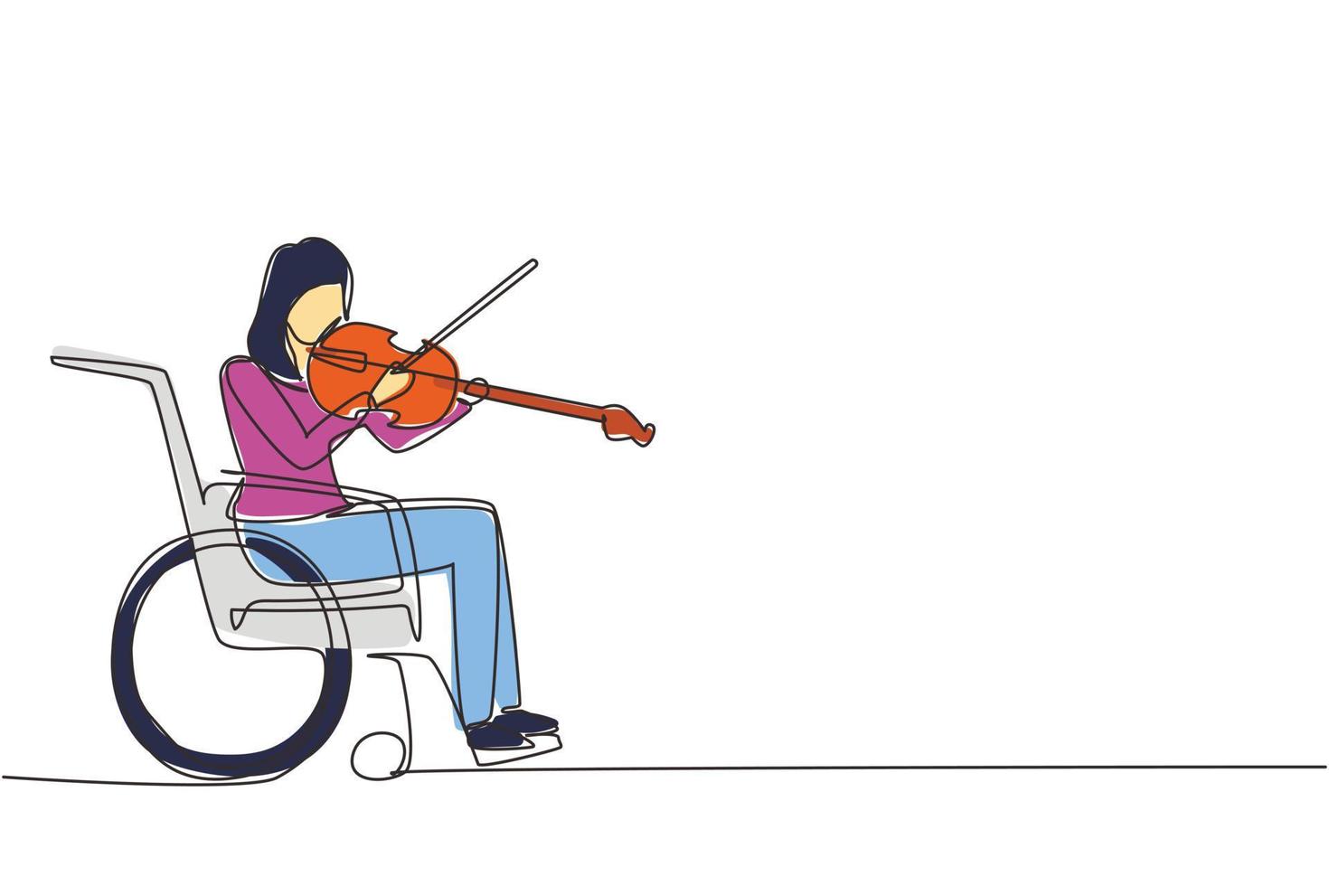 enkel kontinuerlig linjeteckning funktionshinder och musik. kvinna i rullstol spelar fiol. fysiskt handikappad, handikappad. person på sjukhus. patient på rehabiliteringscenter. en linje rita design vektor