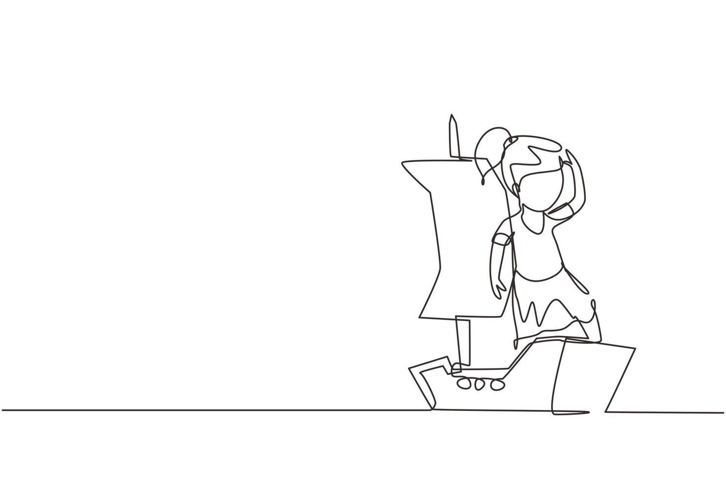einzelne durchgehende Linienzeichnung kleines Mädchen, das Seemann mit Boot aus Karton spielt. kreative kinderfigur, die schiff aus pappkartons spielt. eine linie zeichnen grafikdesign-vektorillustration vektor