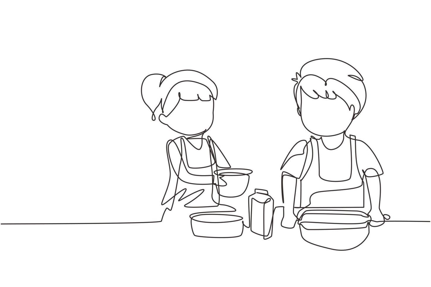 kontinuerlig en rad teckning syskon pojke och flicka baka tillsammans med kavel vid köksbänken. glada barn som gör hemlagat bageri hemma. enda rad rita design vektorgrafisk illustration vektor