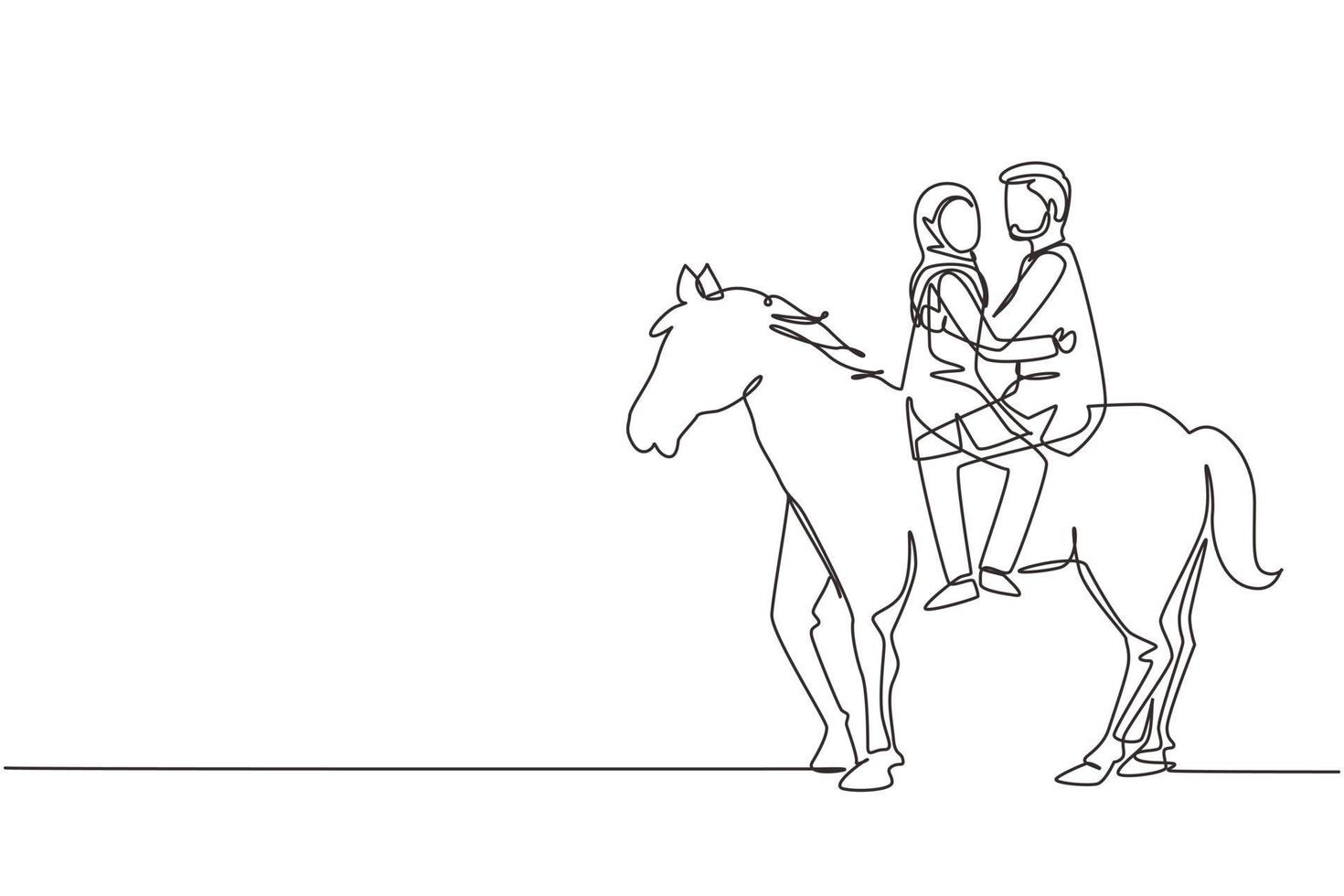 fortlaufende einzeilige zeichnung eines romantischen arabischen paares, das sich auf einem reitpferd verliebt. glückliches Paar bereitet sich auf die Hochzeit vor. Verlobung und Liebesbeziehung. einzeiliges zeichnen design vektorgrafik illustration vektor