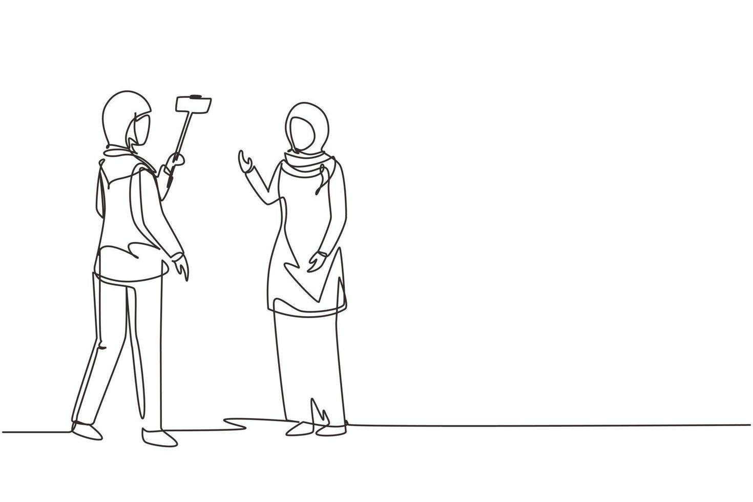 Kontinuierliche einzeilige Zeichnung Professionelles Schießteam zeichnet Videointerviews für Vlog mit Smartphone, Einbeinstativ auf. Arabische Journalistin als Nachrichtensprecherin. einzeiliges zeichnen design vektorillustration vektor