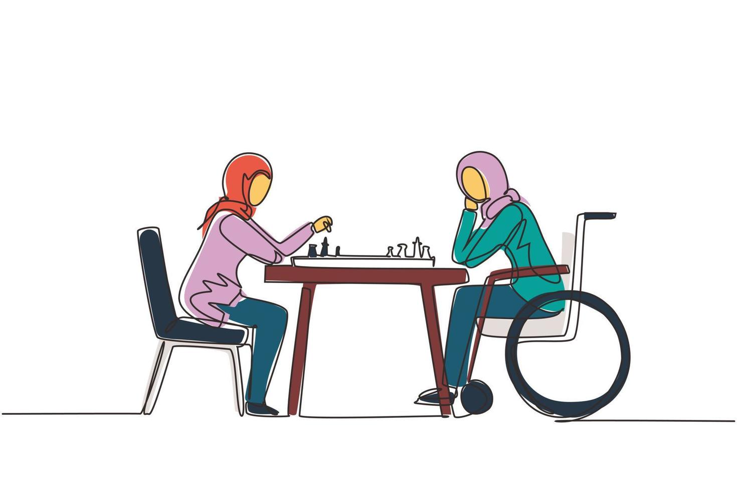 kontinuierliche einzeilige zeichnung behinderte junge arabische frau im rollstuhl spielt schach mit freund. Menschen zu sozialer Anpassung, Hobby, Toleranz, Zugänglichkeit, Diversität. einzeiliger Entwurfsvektor vektor