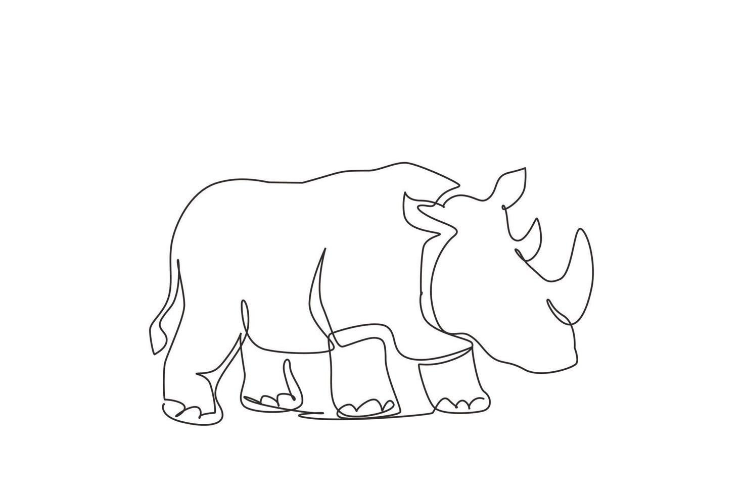 einzelne durchgehende Linie, die ein starkes Nashorn für die Identität des Naturschutz-Nationalparks zeichnet. afrikanisches nashorntiermaskottchen für nationale zoosafari. eine linie zeichnen grafikdesign-vektorillustration vektor