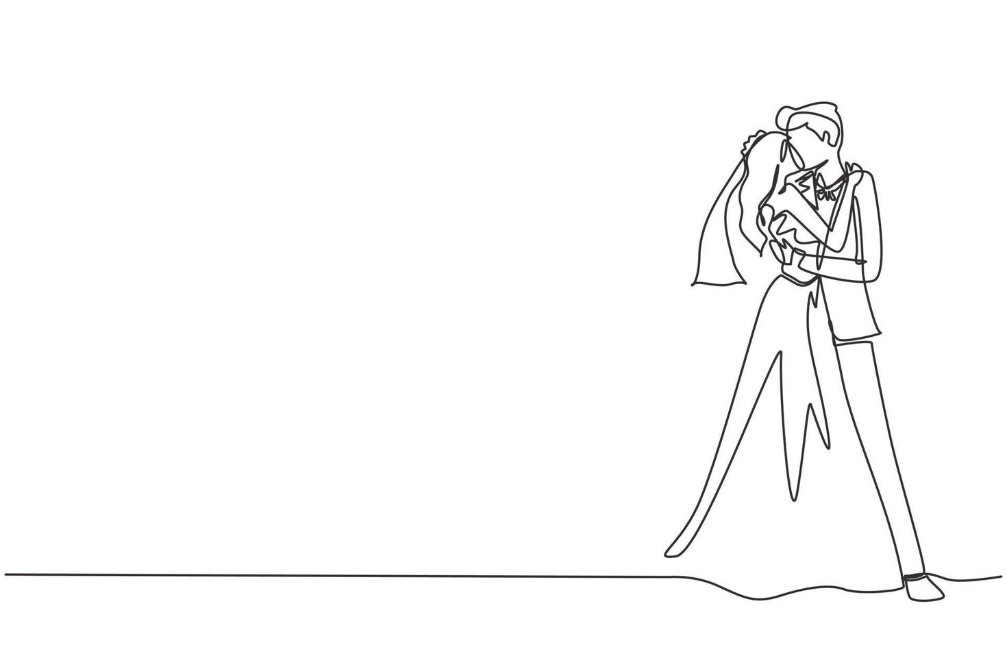 fortlaufende einzeilige Zeichnung liebevolles Ehepaar, das sich küsst, umarmt und Händchen hält. glücklicher Mann mit Anzug und Frau mit Kleid in Hochzeitsfeier. einzeiliges zeichnen design vektorgrafik vektor