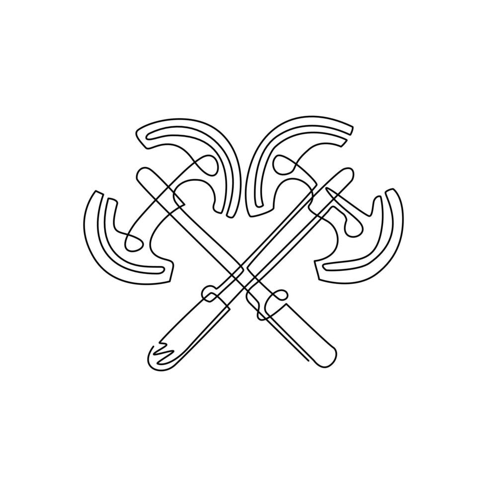 einzelne durchgehende Linie, die zwei gekreuzte breite Axt, mittelalterliche Axt, Streitaxt, Henkeraxt zeichnet. Element für Holzbearbeitungs- oder Holzfäller-Emblem oder -Symbol. eine linie zeichnen grafikdesign-vektorillustration vektor