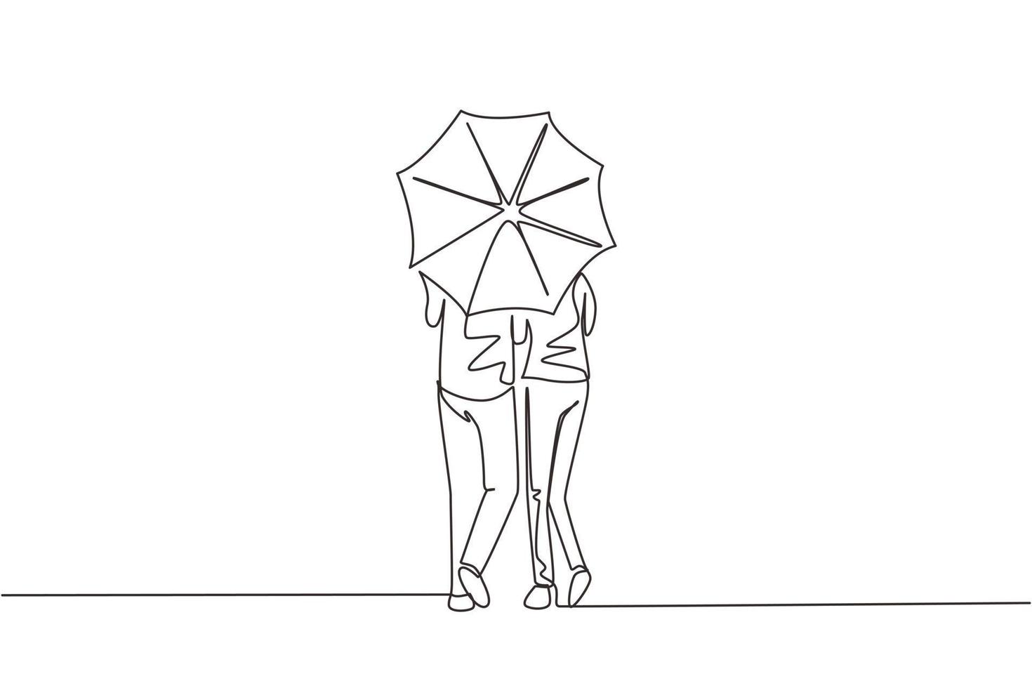 einzelne einzeilige Zeichnung Rückansicht junges Paar Mann Frau, süßes Mädchen und Junge zu Fuß mit Regenschirm unter Regen. romantisches Paar bei regnerischem Herbstwetter. Design-Grafikvektor mit kontinuierlicher Linie vektor
