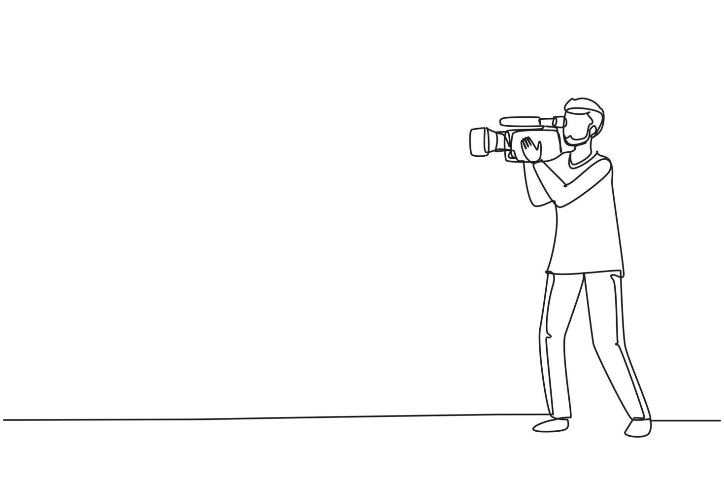 kontinuerlig en rad ritning professionell kameraoperatör håller stor kamera på axeln. arabisk kameraman, reporter som filmar tv-innehåll. jobb som videofotograf. enkel rad rita design vektorillustration vektor