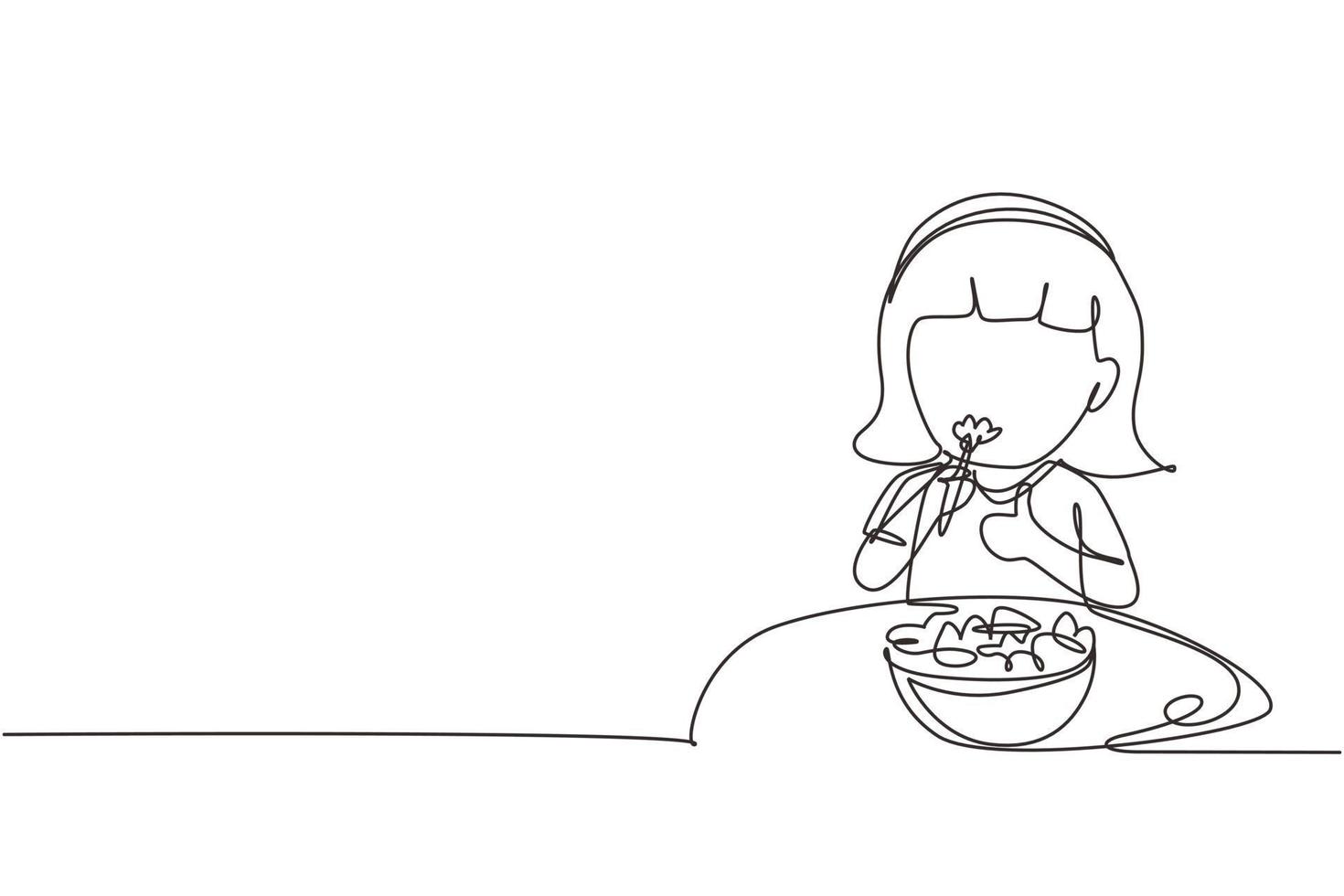 einzelne einzeilige Zeichnung kleines Mädchen, das frischen Gemüsesalat isst und Daumen nach oben zeigt. Kind isst Salat. gesundes essen für kinder. moderne grafische vektorillustration des ununterbrochenen zeichnendesigns vektor