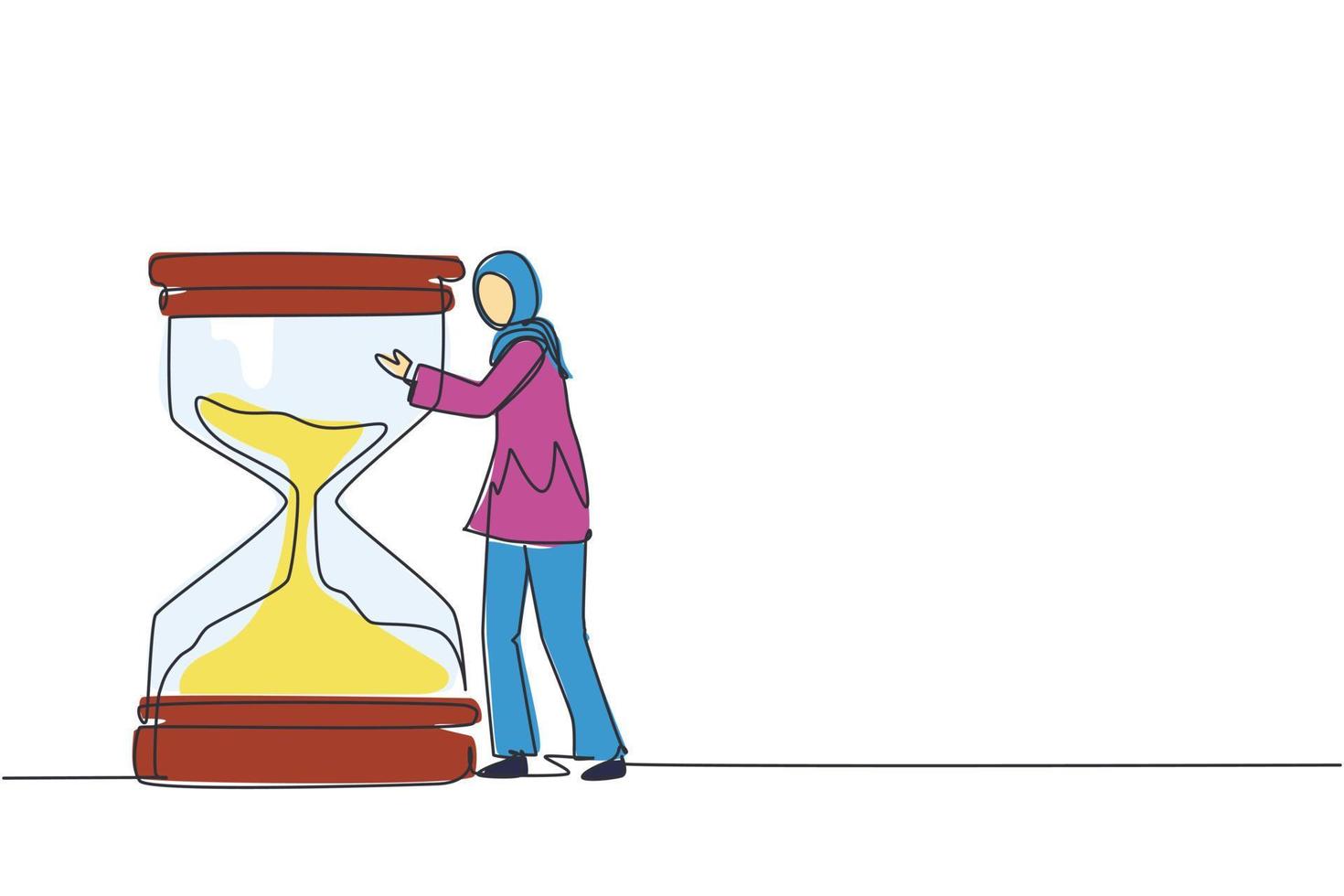 fortlaufende eine Strichzeichnung selbstbewusste junge arabische Geschäftsfrau, die sich auf einer riesigen Sanduhr umarmt. zeitmanagement oder erfolgreiches aufgabenorganisationskonzept. einzeiliges zeichnen design vektorgrafik illustration vektor