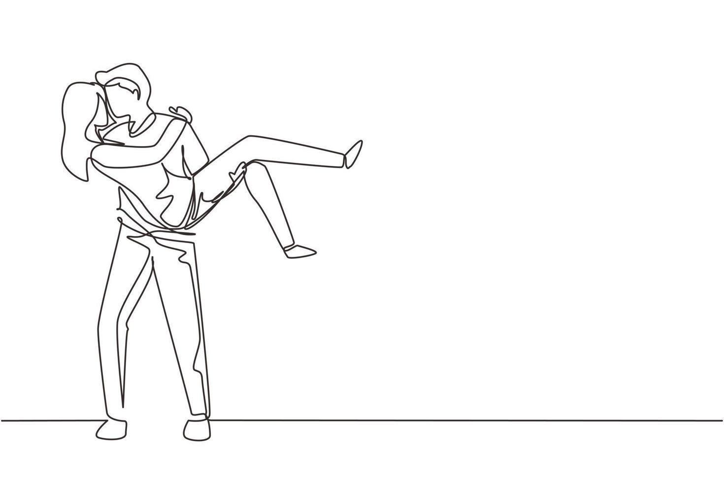 fortlaufende einzeilige zeichnung romantische niedliche verliebte frau, die sich auf dem schoß küsst. glücklicher mann, der eine schöne frau trägt, die hochzeitstag feiert. einzeiliges zeichnen design vektorgrafik illustration vektor