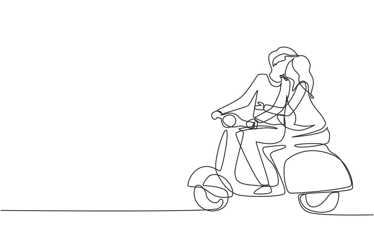 einzelne durchgehende strichzeichnung paar mit scooter vintage, vorhochzeitskonzept. mann und frau mit motorrad, verliebte beziehung. romantischer Roadtrip, Reise. eine linie zeichnen grafikdesignvektor vektor