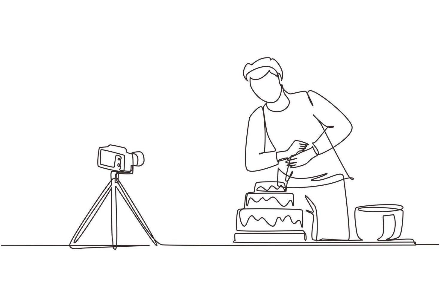 einzelne durchgehende Strichzeichnung Influencer oder Food-Blogger, die Inhalte erstellen. Mann dreht Kochvideo mit Kamera auf Stativ. koch backt und dekoriert kuchen in der küche. Designvektor mit einer Linie zeichnen vektor
