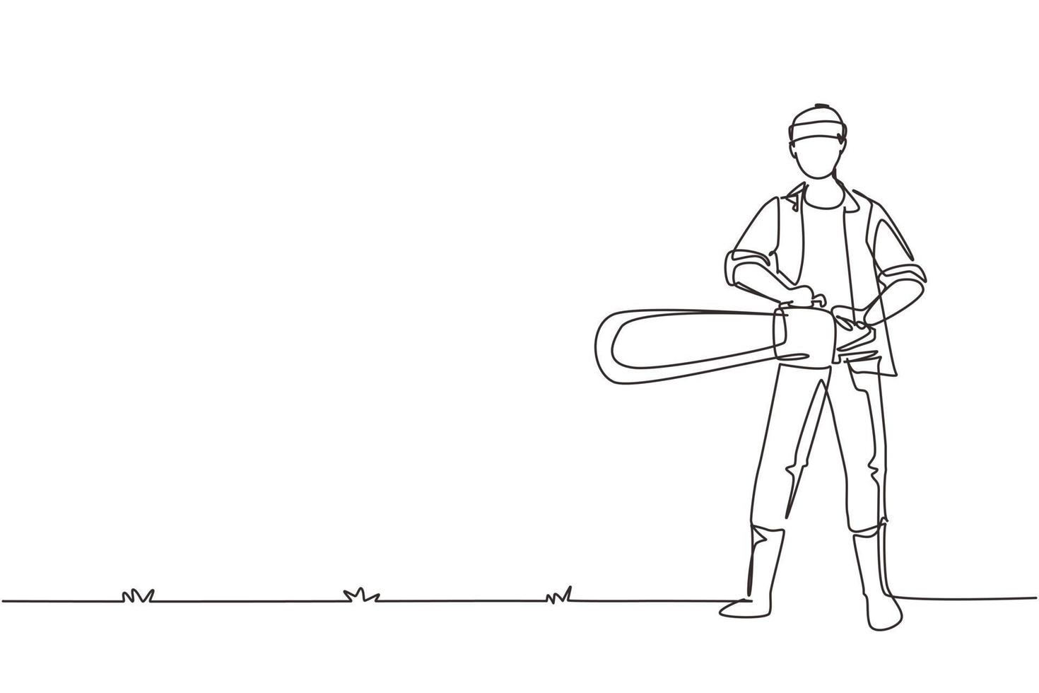 kontinuierlicher einzeiliger arbeiter mit der kettensäge. trägt Hosenträgerhemd, Jeans und Stiefel. Professionelle Holzfäller-Pose, die einen Baum mit einer Kettensäge schneidet. einzeiliges zeichnen design vektorillustration vektor