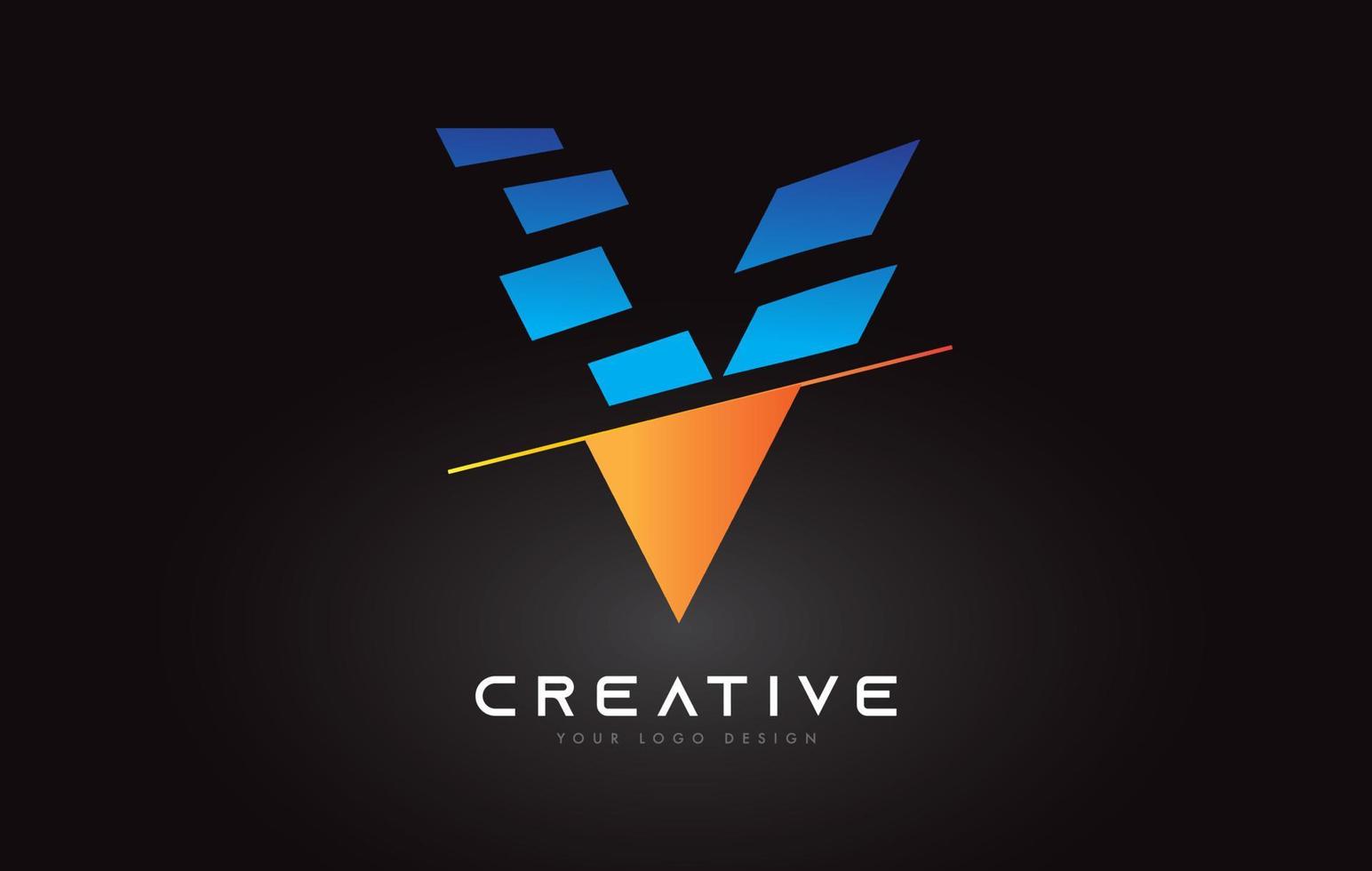 geschnittenes buchstabe v logo icon design mit blauen und orangefarbenen farben und geschnittenen scheiben vektor
