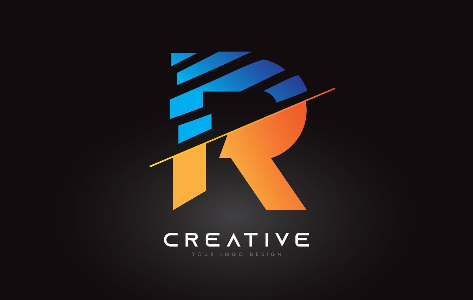 geschnittenes r-logo-ikonendesign mit blauen und orangefarbenen farben und geschnittenen scheiben vektor
