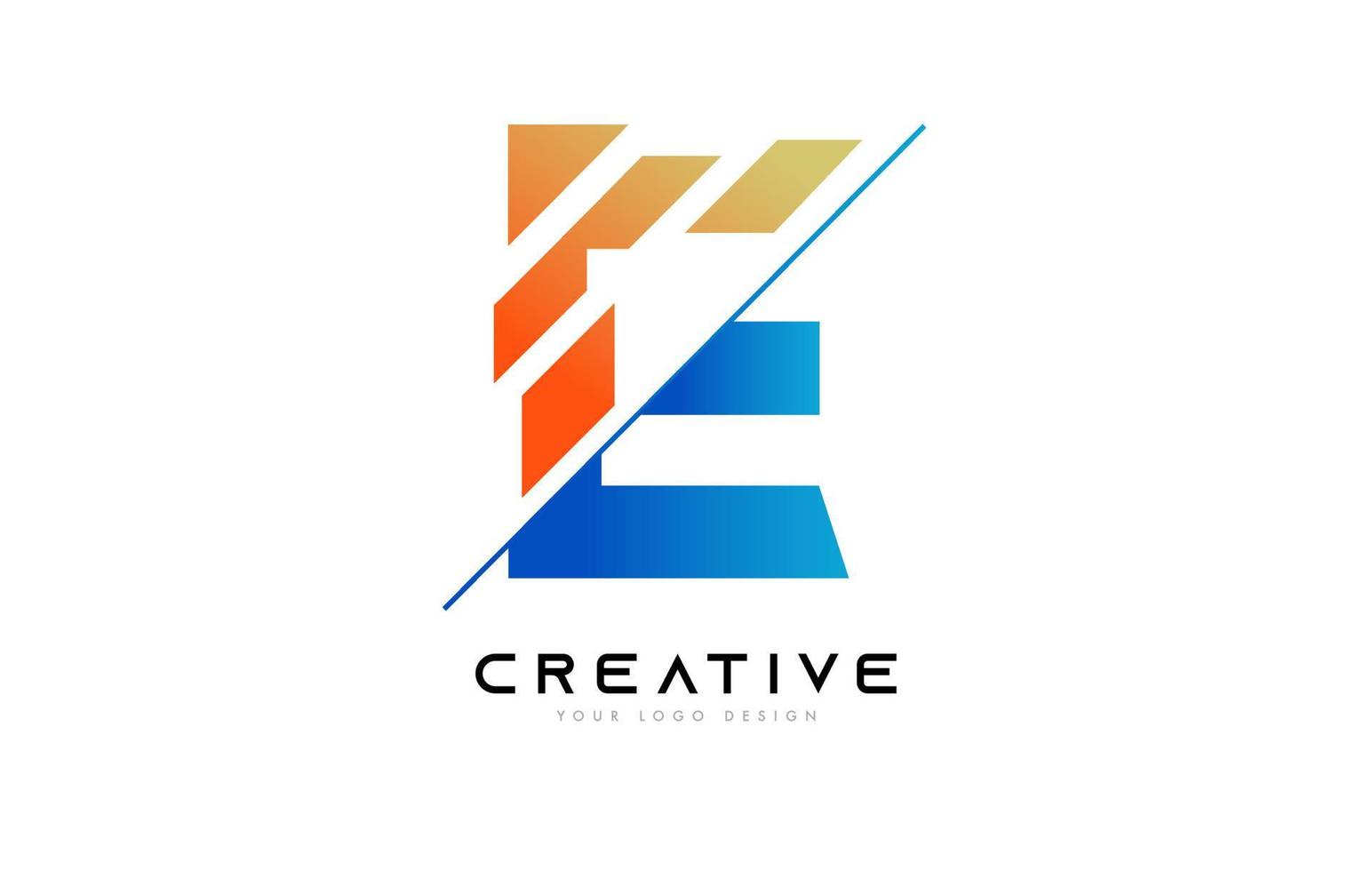 geschnittenes buchstabe e logo icon design mit blauen und orangefarbenen farben und geschnittenen scheiben vektor