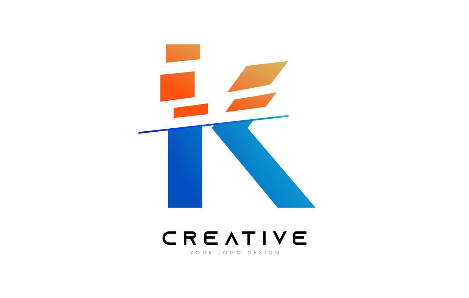 geschnittenes buchstabe k logo icon design mit blauen und orangefarbenen farben und geschnittenen scheiben vektor