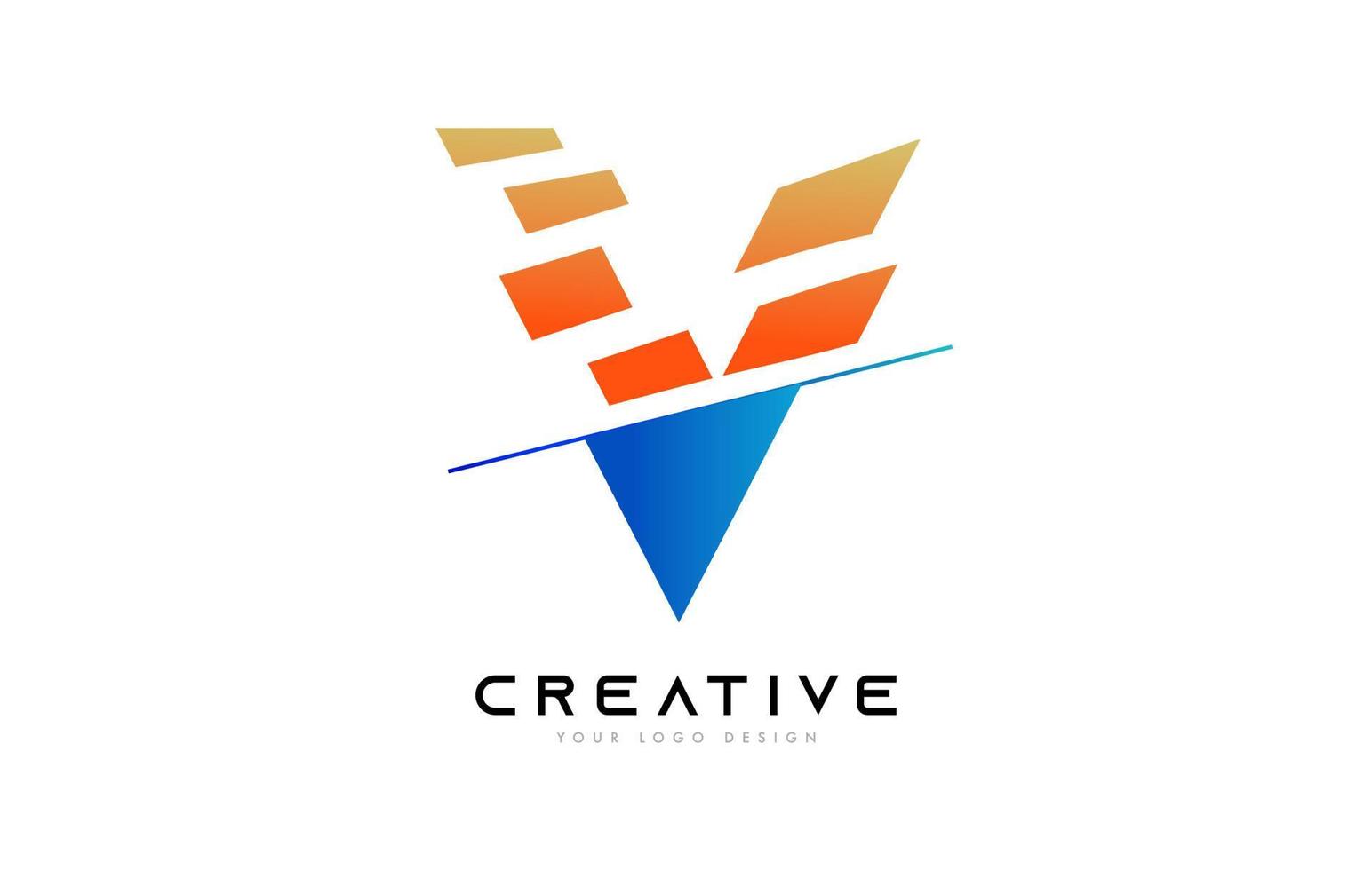 geschnittenes buchstabe v logo icon design mit blauen und orangefarbenen farben und geschnittenen scheiben vektor