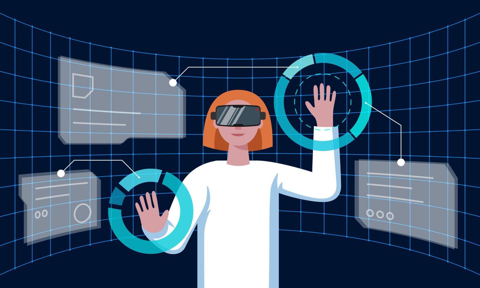 frau mit vr-helm, die sich mit futuristischer technologie verbindet, metaverse virtuelle realität und umgeben von großen daten des hologramms der zukünftigen schnittstelle 3d. Wissenschaftsfrau, die mit einem Meta-Cyberspace-Headset arbeitet. Folge vektor