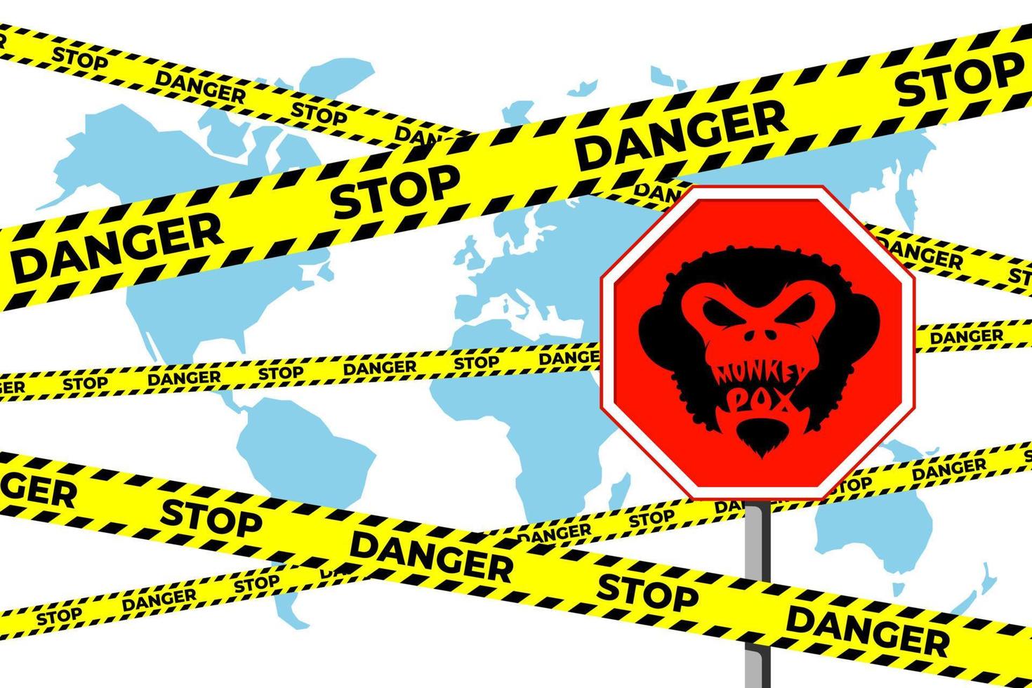 Monkeypox Virus World Alert Attack Banner Konzept. Affenpocken-Infektionskrankheitsausbruch auf dem Erdplaneten mit Stopp-Gefahrenschild. mpv mpvx gefährliches und epidemisches Risiko für die öffentliche Gesundheit. Vektor-eps vektor