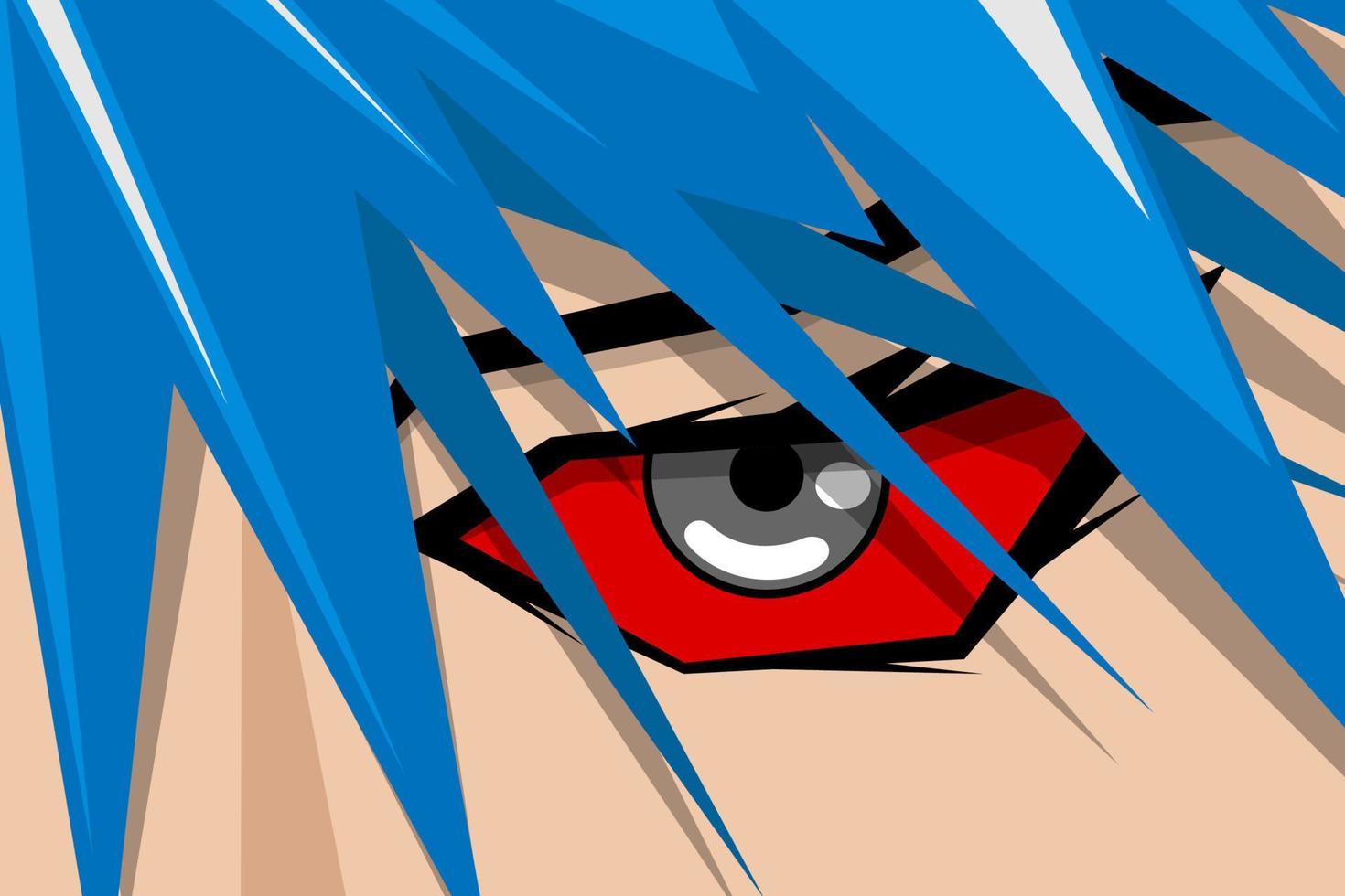 anime serie vacker pojke eller flicka ansikte med röda ögon och blått hår. manga seriebok hjälte konst bakgrund koncept. vektor tecknad ser eps illustration