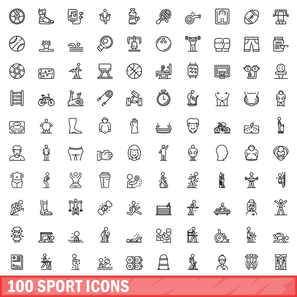 100 Sportsymbole gesetzt, Umrissstil vektor