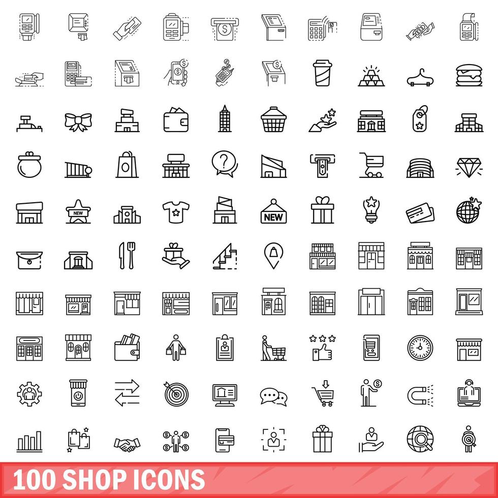 100 Shop-Icons gesetzt, Umrissstil vektor