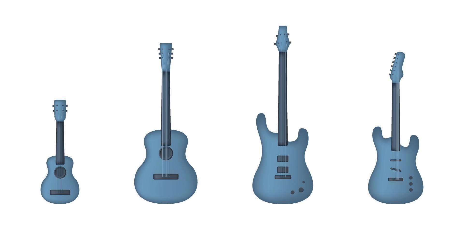 Reihe von blauen akustischen und elektrischen 3D-Gitarren isoliert auf weißem Hintergrund. Vektor-Illustration vektor