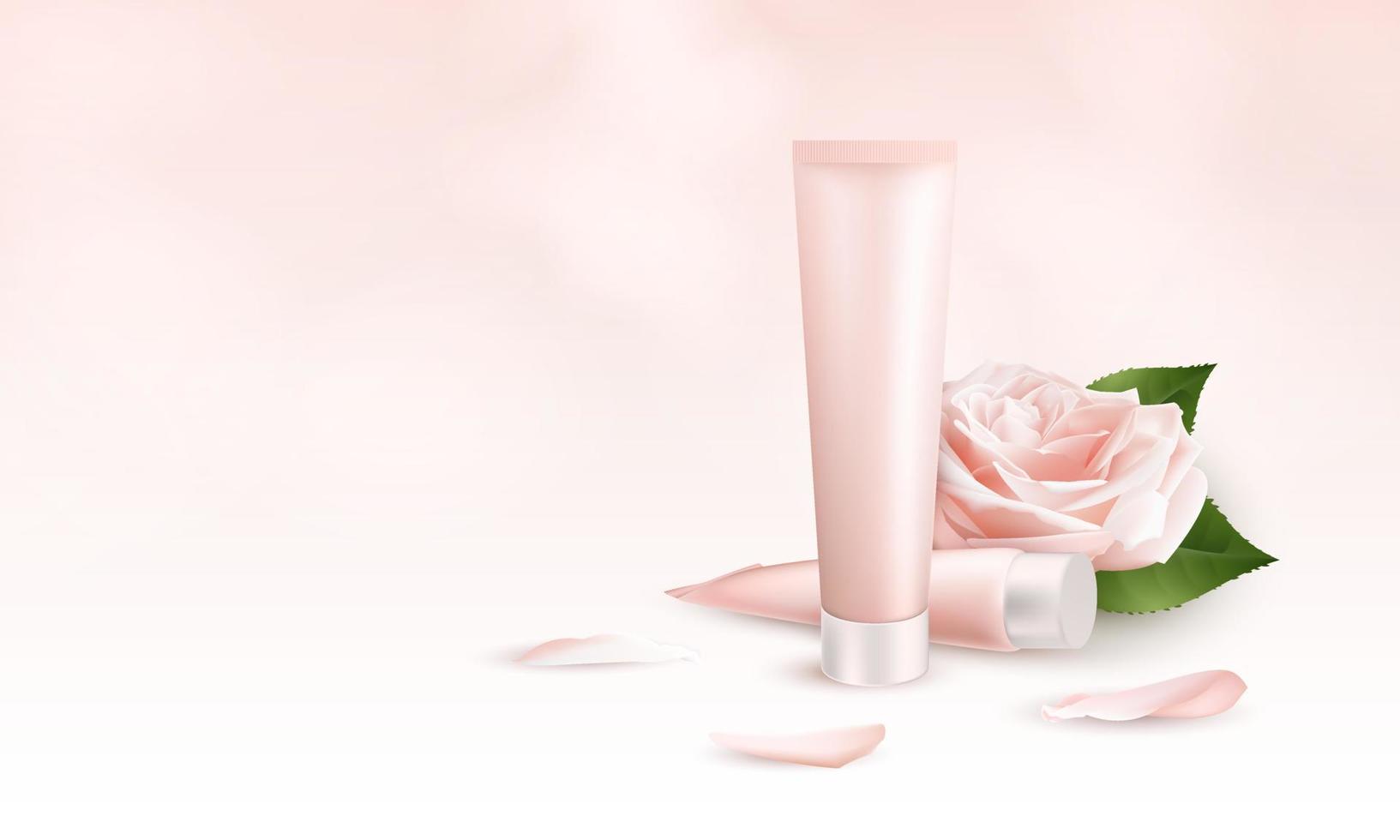 realistisk 3d-bannermall för hudvårdskräm. annonsförpackning mockup för kosmetiska och medicinska produkter med två tuber grädde, blomma och kronblad ros. vektor illustration