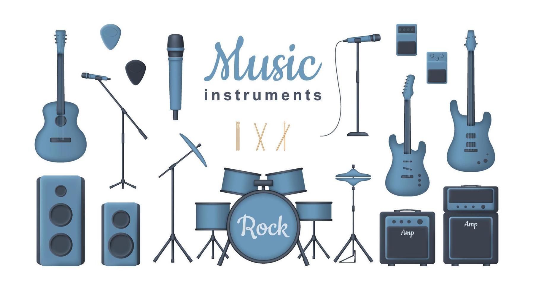 3D-uppsättning musikinstrument för rockkonsert isolerad på vit bakgrund. akustisk, el- och basgitarr, förstärkare, trumset, ljudhögtalare och mikrofoner. vektor illustration