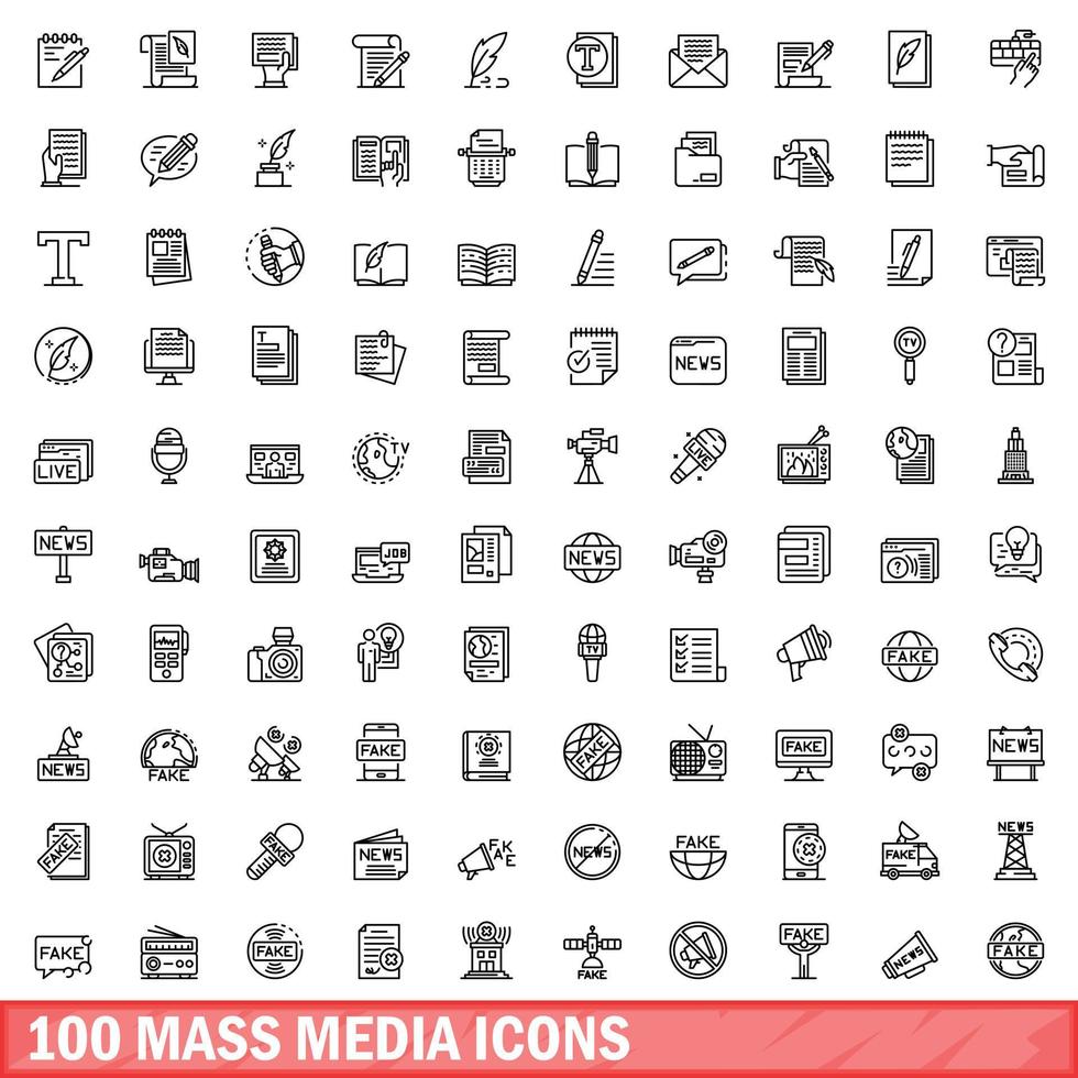 100 Massenmedien-Icons gesetzt, Umrissstil vektor