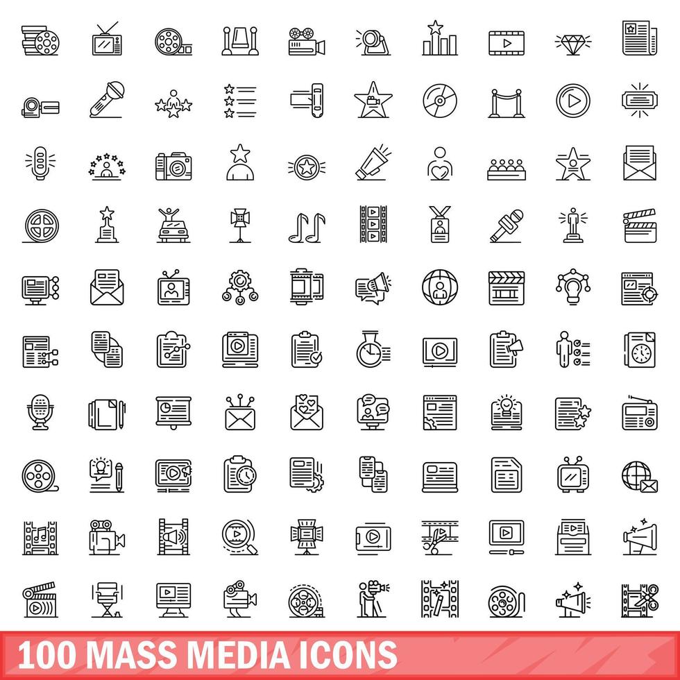 100 Massenmedien-Icons gesetzt, Umrissstil vektor