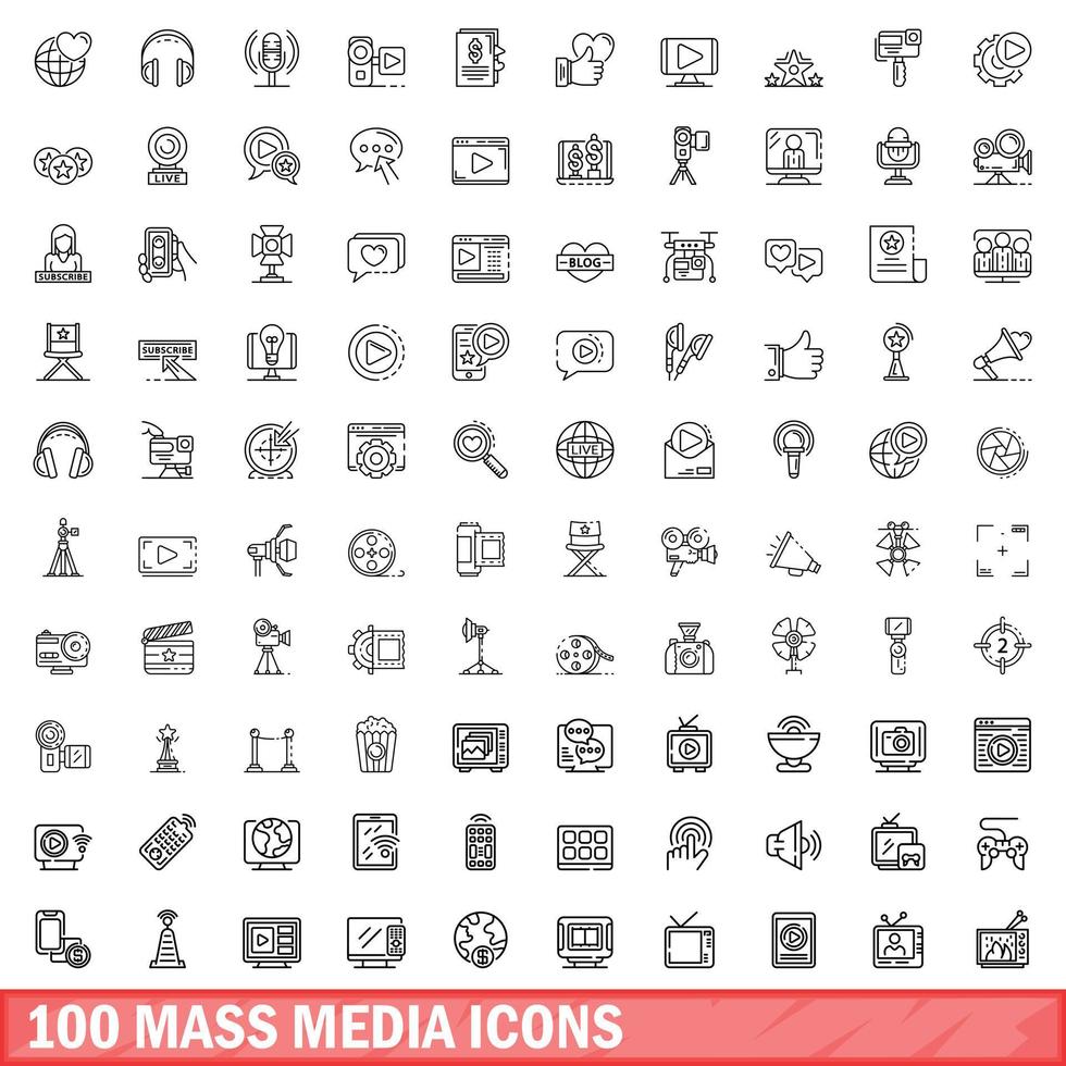 100 Massenmedien-Icons gesetzt, Umrissstil vektor